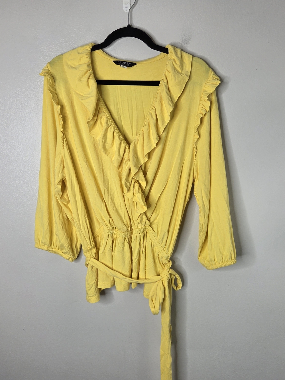 Lauren Ralph Lauren Yellow Jersey Belted Peplum Ruffled Blouse